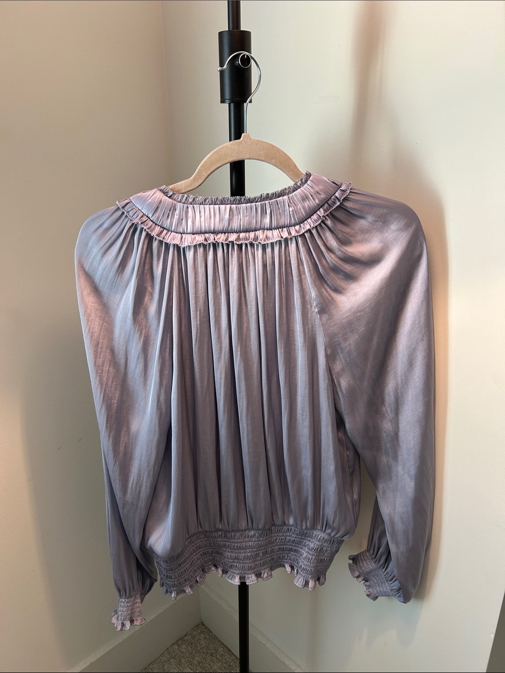 Elie Tahari Smoky Lavender Satin Ruffled-Neck Button Front Blouse - Picture 3 of 3